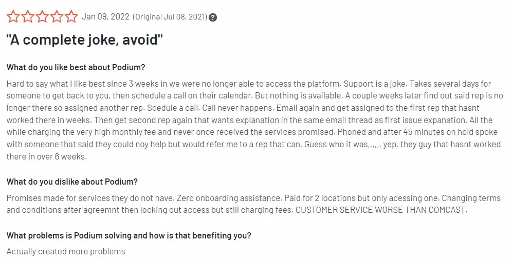 Negative customer feedback on Podium