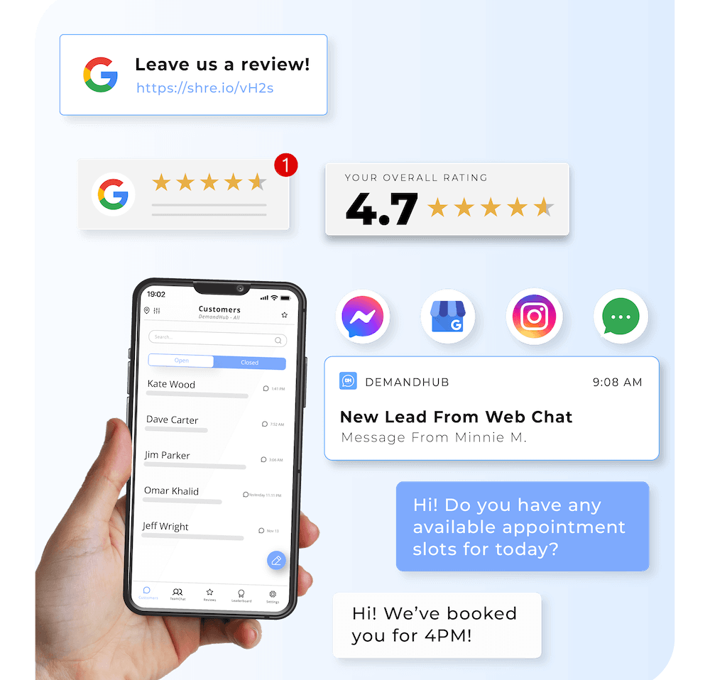 DemandHub helps local businesses grow with Messaging, Reviews, WebChat, Payments, and TeamChat